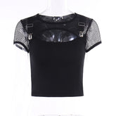 Goth Dark Mall Gothic Fishnet Patchwork Blouses Hollow Out Sexy Grunge Aesthetic T-shirts Punk Short Sleeve E-girl Alt Crop Tops